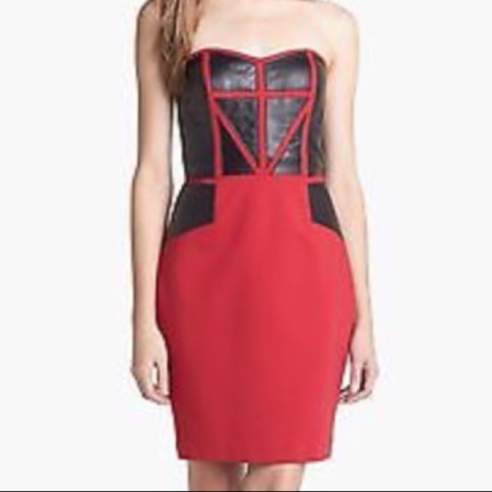 Aidan Mattox leather paneled ponte dress